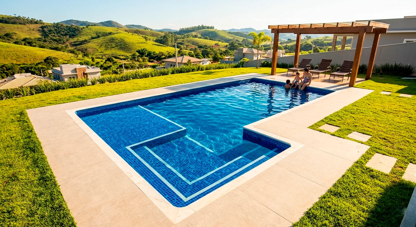 Uma vista aérea e panorâmica de uma piscina com borda infinita moderna e revestimento de azulejos azuis, inserida em um gramado verde bem cuidado. Uma mãe e dois filhos pequenos estão sentados na borda da piscina, com os pés na água, olhando para uma paisagem de colinas onduladas e verdes sob um céu claro. À direita, um deck de madeira sob uma pérgula de madeira robusta abriga espreguiçadeiras de vime.